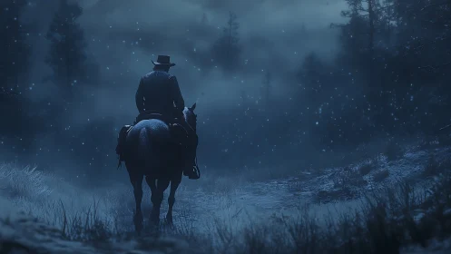 Lone rider crosses frozen forest trail in diffuse blue moonlight