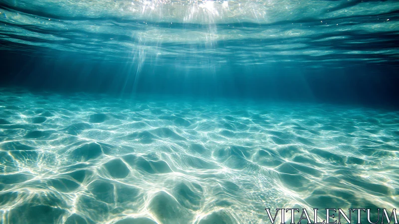 Sunlit underwater seascape with rippled sand patterns.