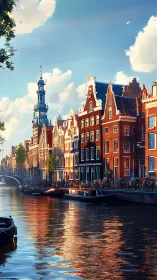 Sunlit canal homes basking in a calm Amsterdam evening.