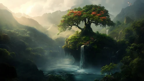 Elevated waterfall island with ancient tree in misty valley