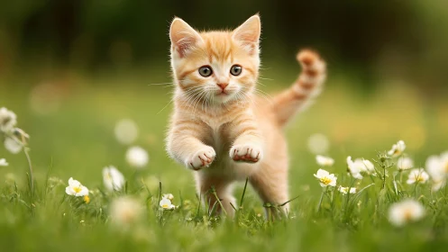 Orange tabby kitten pouncing through daisy-dotted meadow.