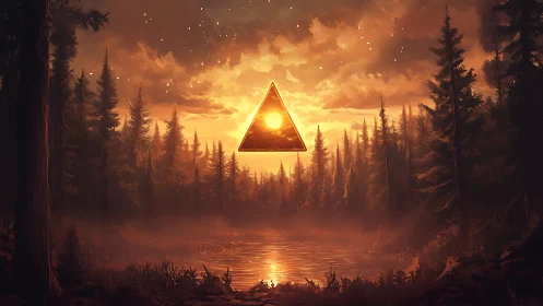 Glowing triangle hovers above misty forest lake at dusk