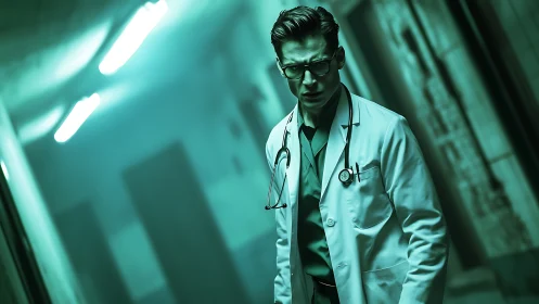 Male doctor stands in dim corridor under green lighting