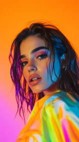 Neon-lit gaze carves sharp glamour through electric dusk