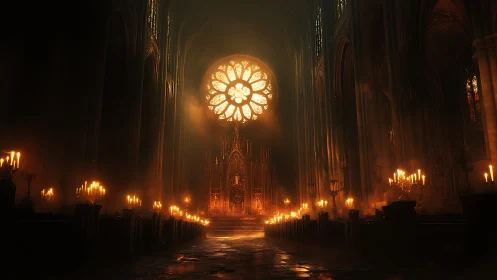 Gothic cathedral interior lit by candles and rose window.