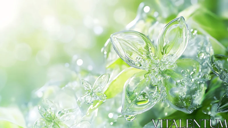 Glass petal flowers on fresh green background. Period.