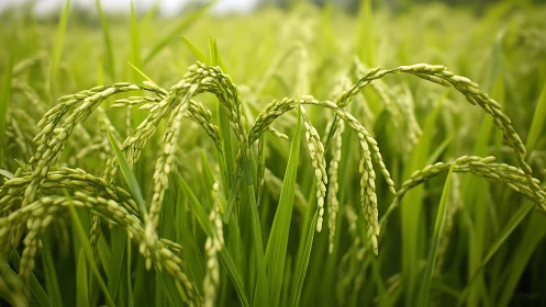 Macro study of ripening rice panicles in soft field light.
