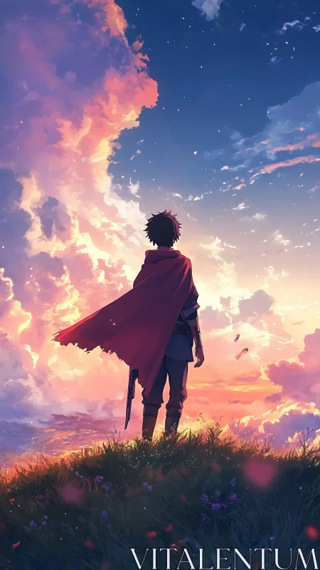 Cloaked youth on hill under vivid sunset sky.