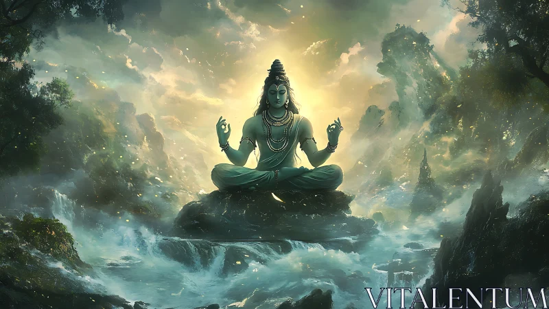 Divine mountain meditation in luminous digital painting style.