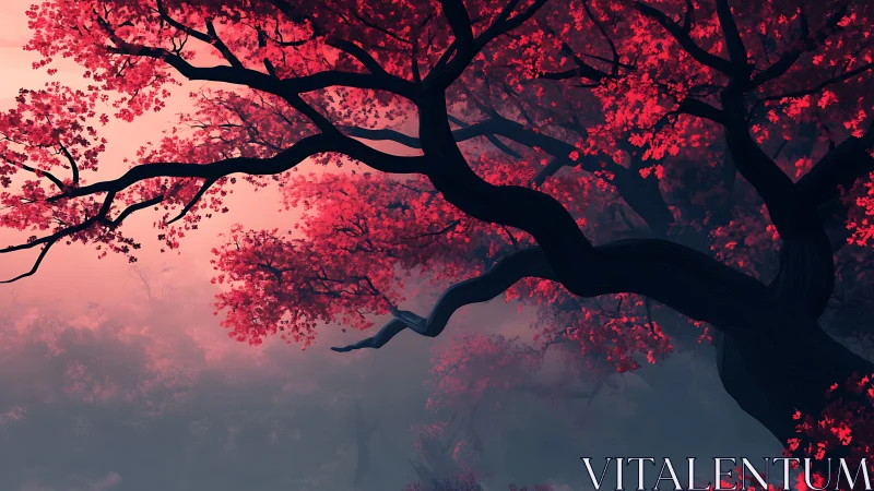Scarlet canopy branches over misty dreamlike forestscape.