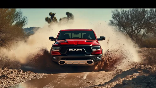 Red pickup truck crossing muddy desert track at speed.