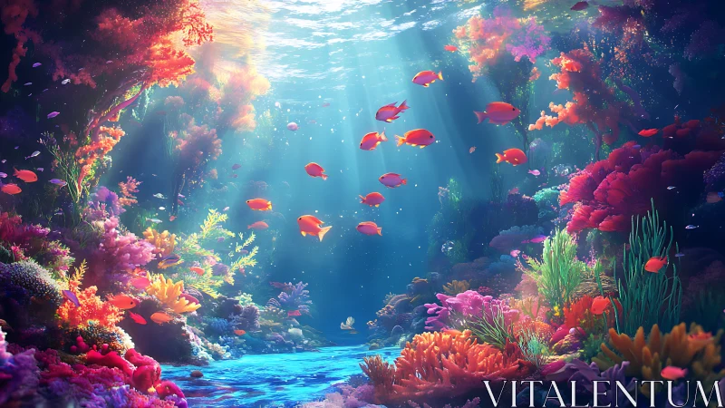 Digital undersea coral reef scene with schooling fish.