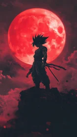 Silhouetted warrior stands before massive blood red moon.