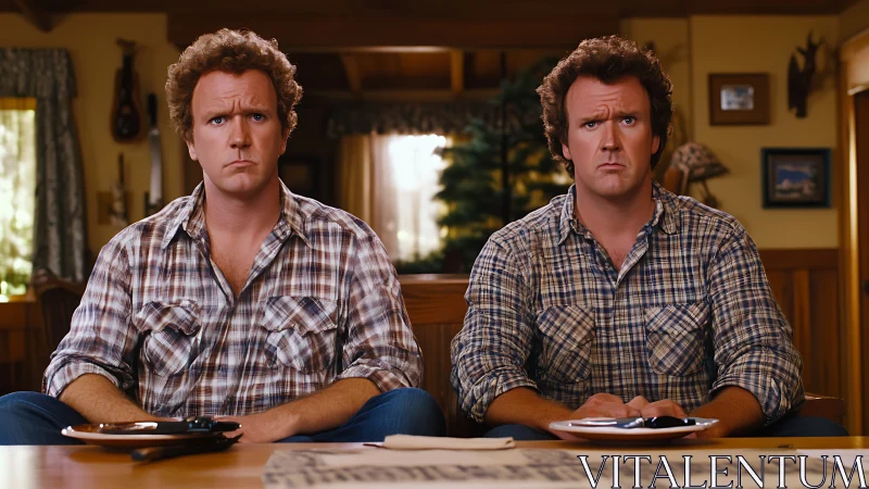 Twin middle-aged men in plaid shirts seated at wooden table
