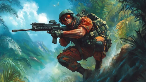 Jungle commando advances through misty tropic combat zone