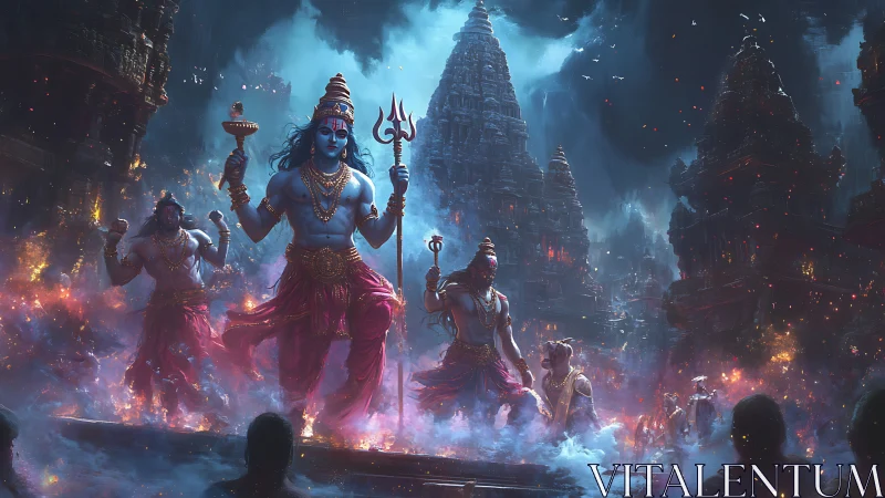 Mythic blue deities stride through blazing temple city.