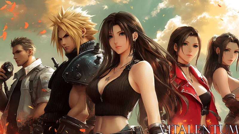 Anime heroes stand united under blazing cinematic sky.