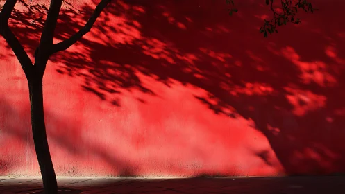 Tree silhouette casting long shadows on vivid red wall.