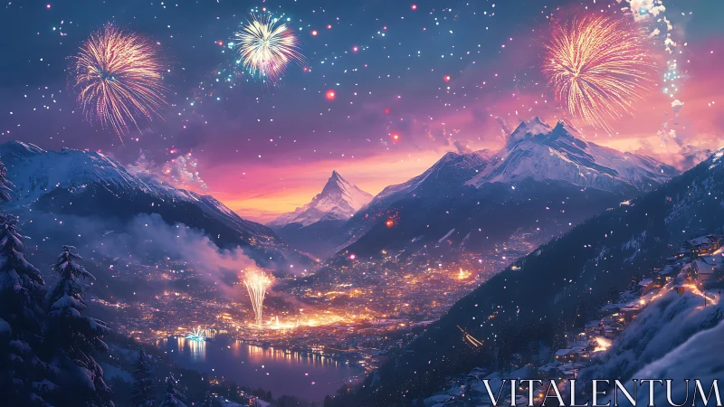 Fireworks over snowlit mountain city under twilight haze.