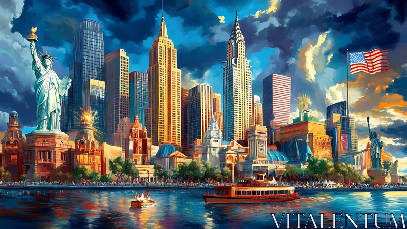 Vibrant New York harbor skyline with Statue of Liberty panorama.