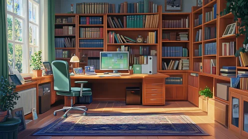 Sunlit study quietly turns books and pixels into ideas
