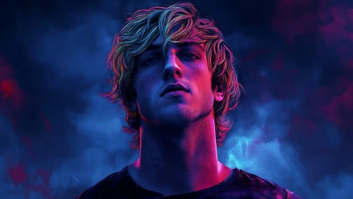 Neon-lit portrait channels intense stare in stormy glow.