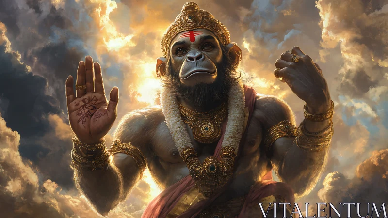Radiant Hanuman deity emerges powerfully from stormy clouds