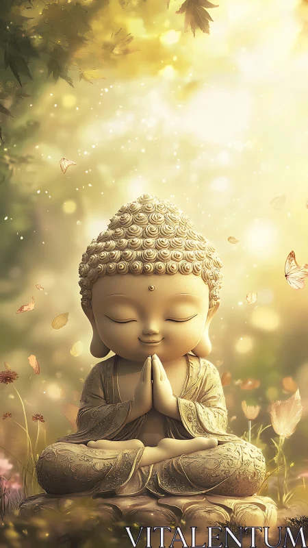 Golden baby Buddha meditates in a glowing forest sanctuary