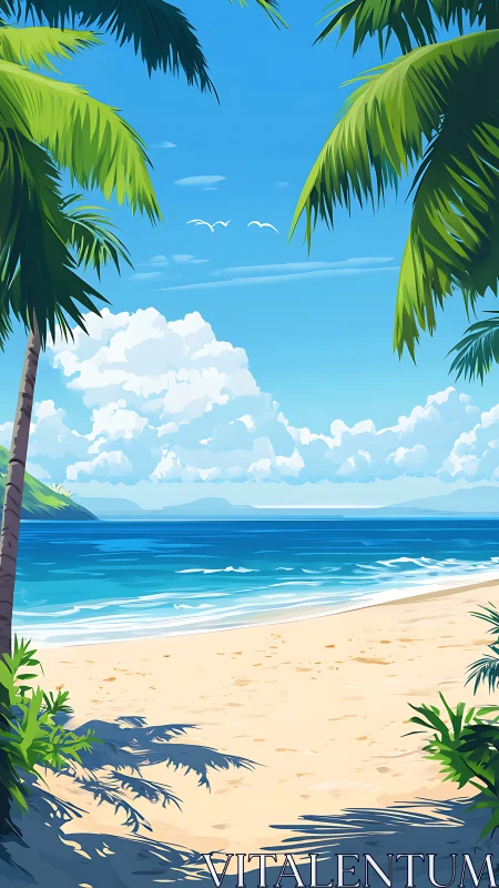 Tropical Beach Scene with Palm Trees, Ocean, and Cloudy Sky
