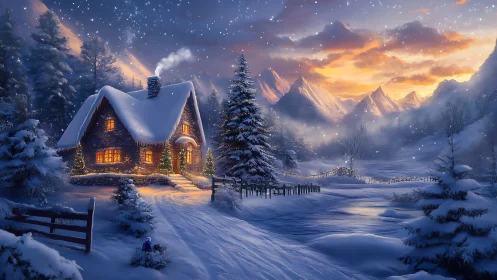 Snow-covered cabin glows warmly in tranquil alpine valley