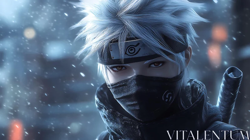 Calm masked ninja in the snow with watchful, steady eyes.