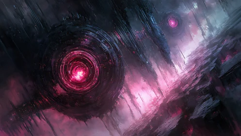 Crimson cores drifting through a misty neon machine world.