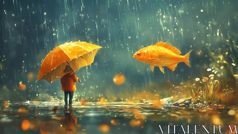 Rain-soaked child confronts luminous floating goldfish in reflective marsh