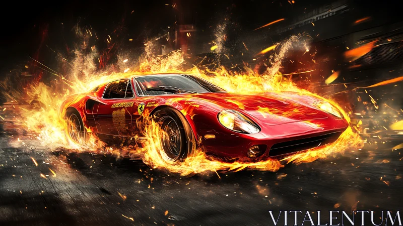 Blazing red sports car roaring through a trail of bright fire.