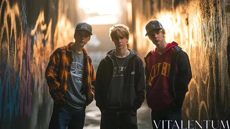Teenagers stand in sunlit graffiti alley wearing streetwear
