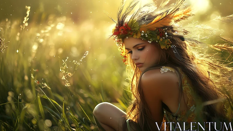 Sunlit meadow muse crowned in soft golden wildflowers.