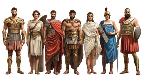 Group of ancient Greek warriors and nobles in full attire.