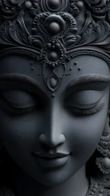 Serene sculpted goddess face rests in quiet moonlit calm