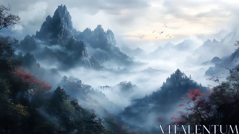 Misty mountain valley renders atmospheric East Asian fantasy