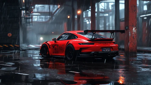 Red widebody track coupe in rainy industrial loading bay