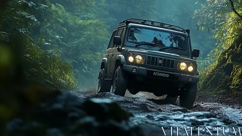 Jungle trail 4x4 roars through misty emerald wilderness.