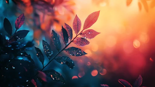 Sunlit dewdrop leaves glowing in dreamy evening color.