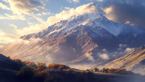 Sunlit autumn valley beneath a mist-draped alpine giant.