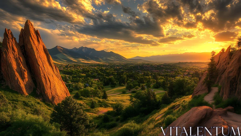 Red rock formations above green valley at glowing sunset.