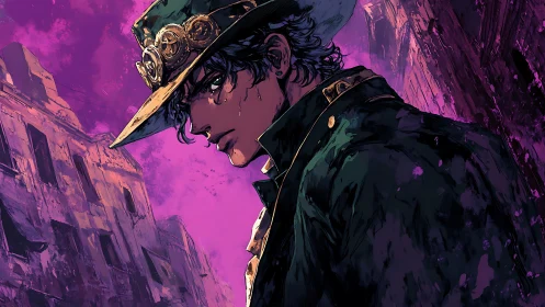 Stoic wanderer tilts his brim beneath a neon violet sky