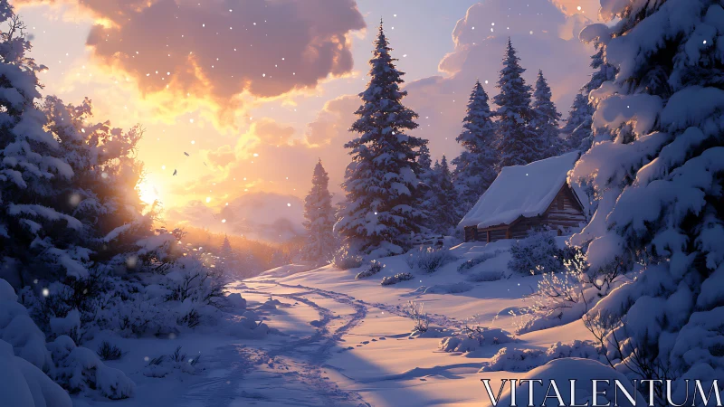 Snow-laden forest cabin at sunset with glowing winter sky.