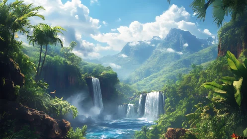Tropical waterfall valley with dense forest and mountains.