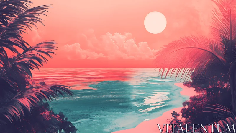 Dreamy tropical shoreline glowing in soft neon sunset hues.