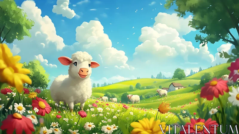 Sunny lamb daydreams among wildflowers and rolling hills