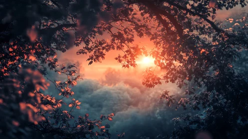 Sunset glow burns through forest canopy over misty valley.